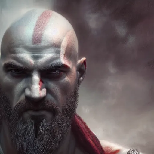 Image similar to portrait of kratos, intricate artwork, concept art, octane render, deviantart, cinematic, key art, hyperrealism, iridescent accents, portrait photograph, nikon 3 5 mm, photograph by greg rutkowski