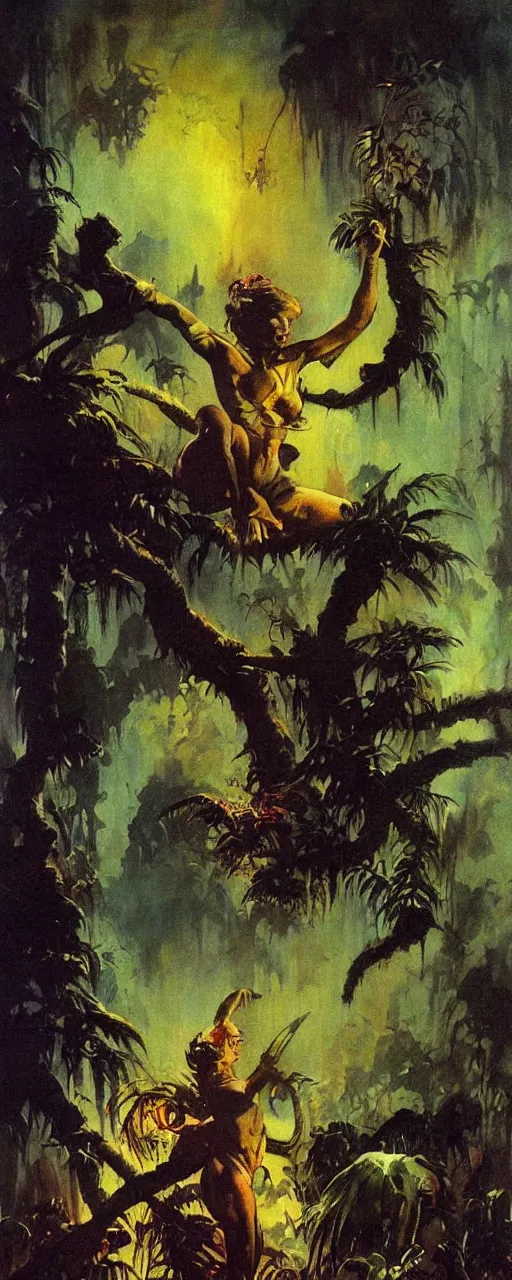 Prompt: frazetta painting of mystic cinematic jungle , nighttime ,daytime , backlight , detailed visible brushmarks