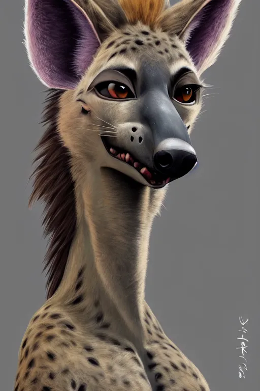 Image similar to oil painting of anthromorphic female hyena, in style of zootopia, female fursona, furry, furaffinity, 4 k, deviantart, furry art, fursona art, wearing black business suit, business suit, hyena fursona, female, smug expression,