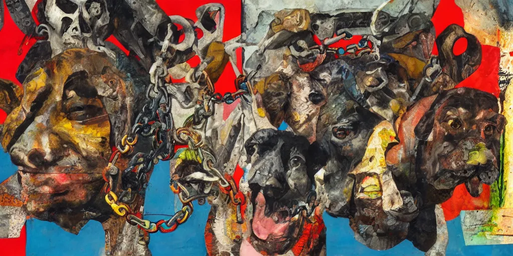 Image similar to mad dogs on a chain, collage, acrylic on canvas, expressionism movement, breathtaking detailed, by blake neubert