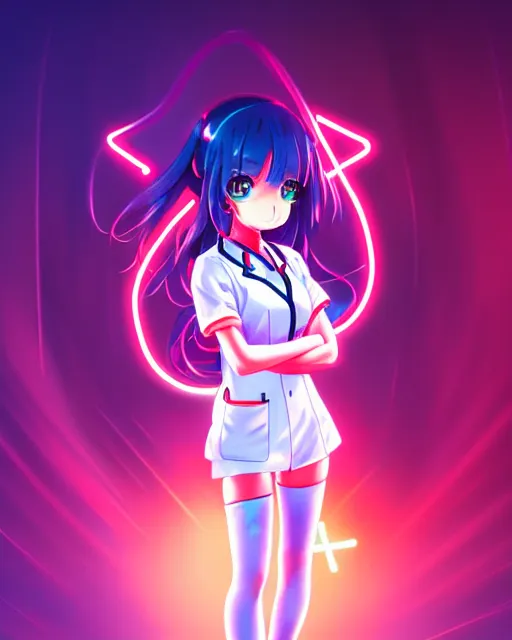 Image similar to anime style, vivid, expressive, full body, 4 k, painting, a cute magical girl with a long wavy hair wearing a nurse outfit, correct proportions, stunning, realistic light and shadow effects, neon lights, centered, simple background, studio ghibly makoto shinkai yuji yamaguchi