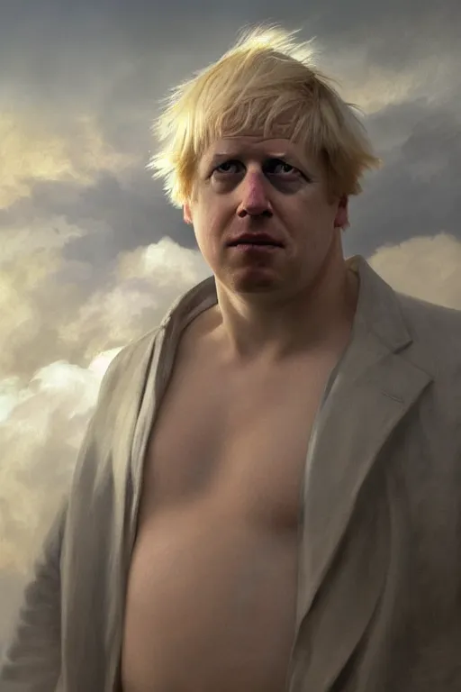 Image similar to a distant shot of Boris Johnson as Punsiher, masculine figure, bright hopeful atmosphere, volumetric lights, beam of bright light through the clouds, intricate, elegant, highly detailed, extremely detailed, digital painting, artstation, concept art, matte, smooth, sharp focus, hyper realistic, illustration, art by Artgerm and Greg Rutkowski and Alphonse Mucha