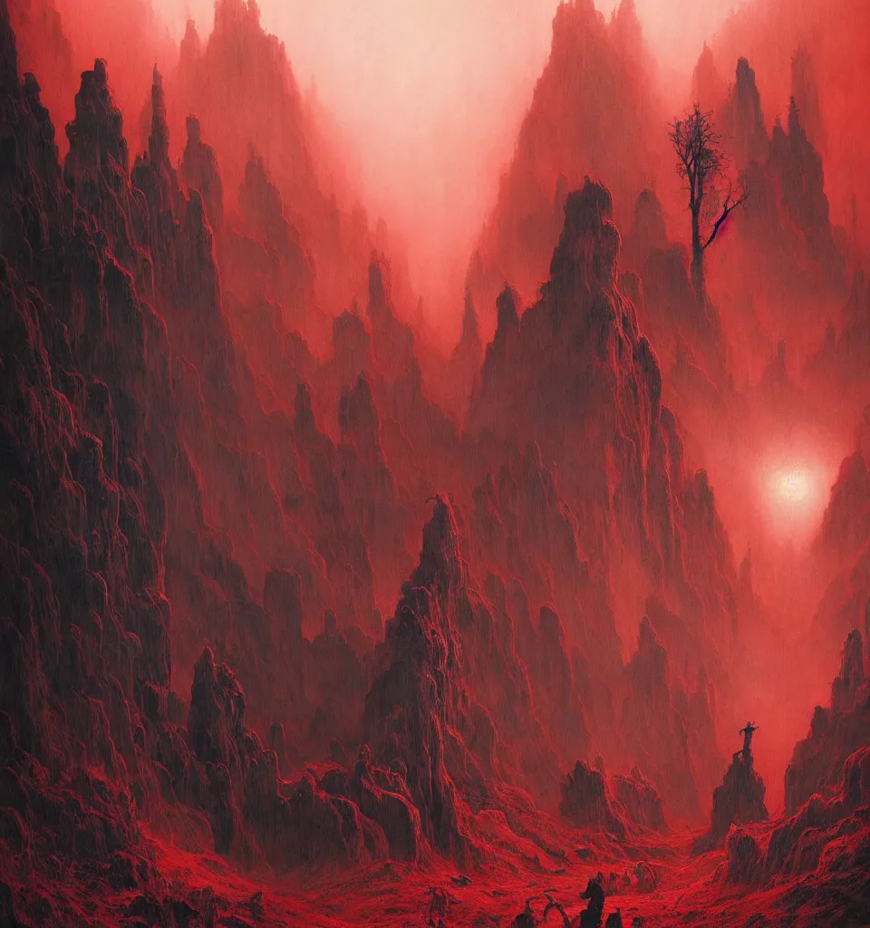 Prompt: magical matte forest exploding over the mountains, chiaroscuro, red fabric, metalic parts, transparent smoke from hell, notan sun in the background, abstract, surreal art, painted by beksinski and android jones