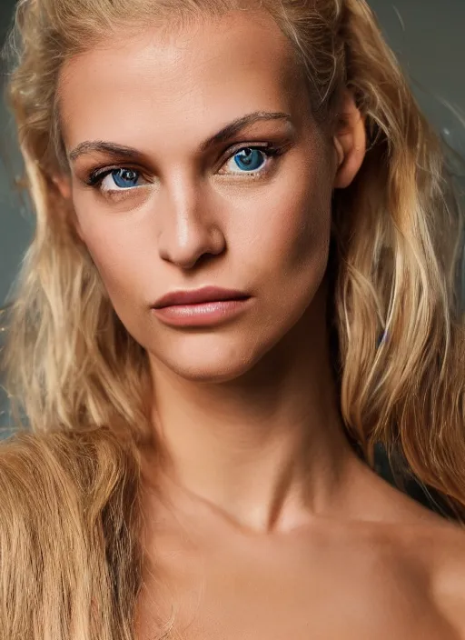 Image similar to color photograph of an olive skinned blonde female model in her early thirties, her hair pinned up, wearing a designer top, looking content, focused on her neck, facing the camera, photo realistic, extreme detail skin, natural beauty, no filter, slr, golden hour, 4 k, high definition, selfie