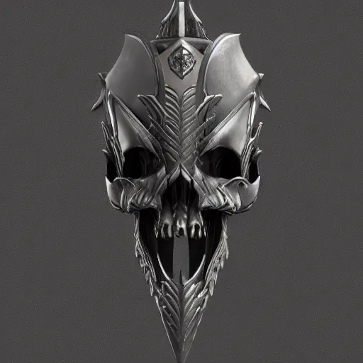 Image similar to a black long sword skull crest, orthographic, ornament, weapon, a 3 d render by dom qwek, front side views full, trending on polycount, artstation, hard surface modeling, rendered in maya, 3 ds max, blender, hd, vray