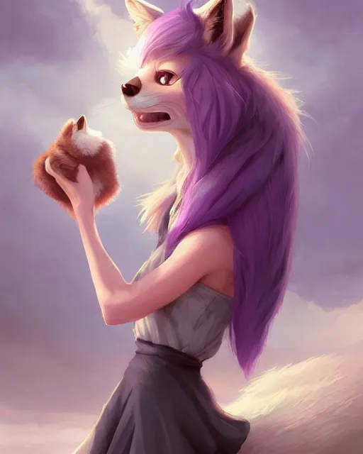 Image similar to an anthropomorphic fox girl with purple hair wearing a simple sundress, this fox has a pronounced snout and two pointed black ears, beautiful lake background, illustration by greg rutkowski, thomas kindkade, loish, artstation, furaffinity, deviantart