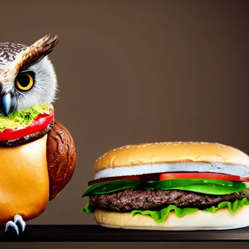 Prompt: a cute owl eating a hamburger, macro photo, photo realistic, well detailed, photo studio