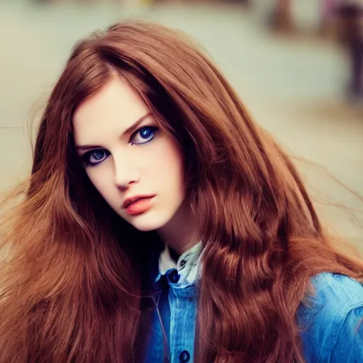 Image similar to fashion model long brown hair fix blue eyes looking into lens heavy bokeh modern fashion look