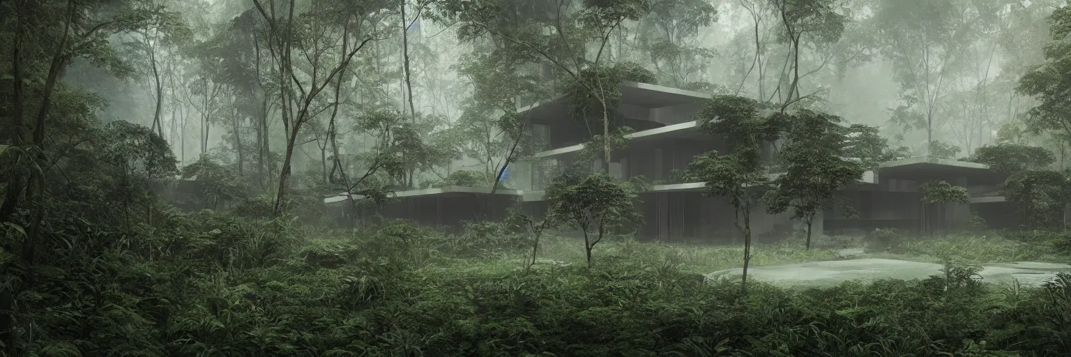 Image similar to modern architecture inspired by mies van der rohe deep in the rainforest. nature is taking over. matte painting in the style of craig mullins. mist. cinematic. octane render.