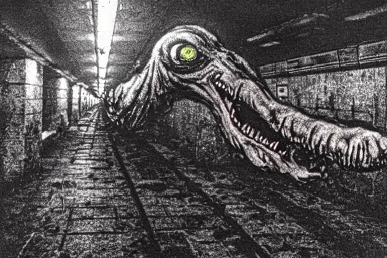 Image similar to very large giant mutant zombie irradiated angry rat staying on railways in tonnel of moscow subway. extreme high detail, very realistic. low dark light, scary mood. hermann nitsch