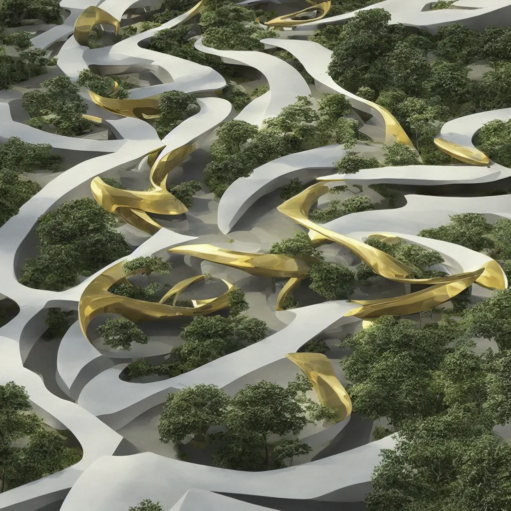 Image similar to “ an incredibly smooth curvilinear architectural sculpture, unfolding continuous golden surfaces enclose a visually interesting japanese zen garden designed by zaha hadid, architecture render ”