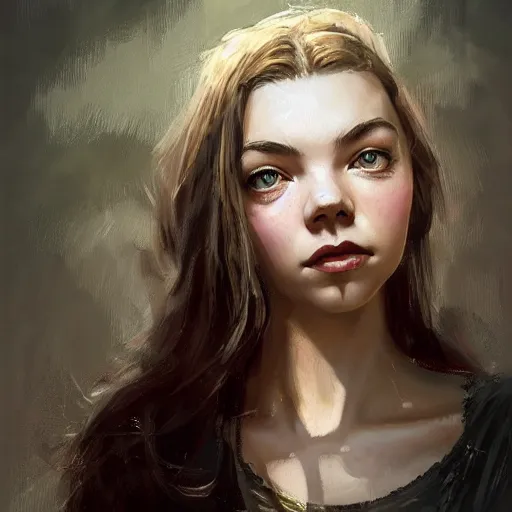 Image similar to portrait of actress anya taylor - joy, colourised, face portrait, epic, tragic, pastoral art, fantasy, dieselpunk, hd shot, digital portrait, beautiful, artstation, comic style, by artgerm, guy denning, jakub rozalski, magali villeneuve and charlie bowater