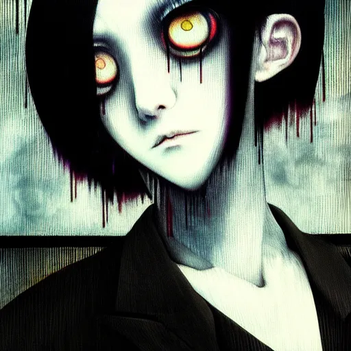 Image similar to yoshitaka amano blurred and dreamy realistic three quarter angle horror portrait of a sinister young woman with short hair, big earrings and white eyes wearing office suit with tie, black and white junji ito abstract patterns in the background, satoshi kon anime, noisy film grain effect, highly detailed, renaissance oil painting, weird portrait angle, blurred lost edges