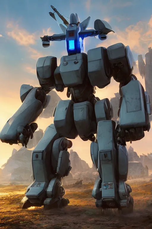 Image similar to mechwarrior 5 : mercenaries mech megaman transformer robot boss tank engine game octane render, 4 k, hd 2 0 2 2 3 d cgi rtx hdr style chrome reflexion glow fanart, global illumination ray tracing hdr fanart arstation by ian pesty by jesper ejsing pixar and disney unreal zbrush central hardmesh