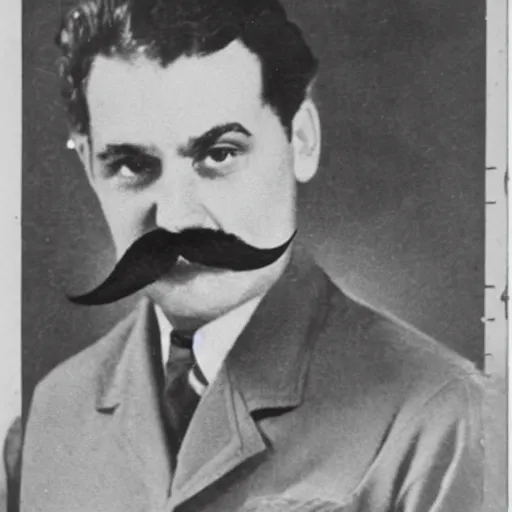 Image similar to newspaper photo from 40s of a stern looking slim medical doctor with a regualar mustache and sidecut hair toupet