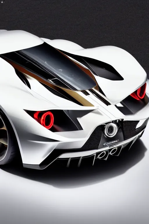 Image similar to ford gt 9 0 concept car painted in white pearl with gold rims