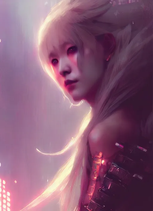 Prompt: a beautiful light haired asian princess, intricate concept art, cyberpunk darksynth, ethereal, ominous, dramatic lighting, ruan jia and krenz cushart and zeronis and wlop