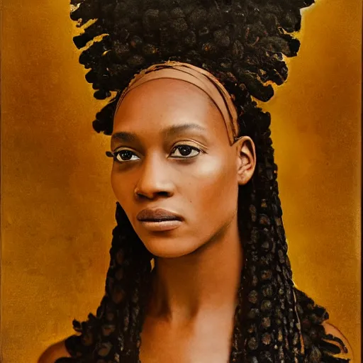 Prompt: portrait of young afro woman in renaissance dress and renaissance headdress, art by peter lindbergh