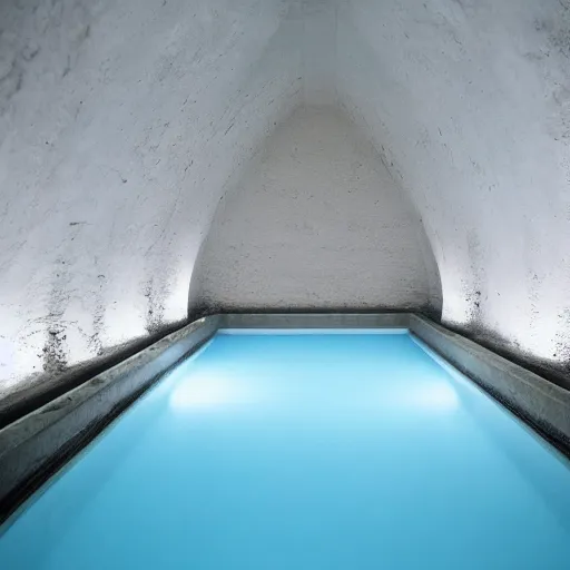 Prompt: a dimly lit underground pool made of white stone, surreal, liminal, eerie, minimalist, photo,