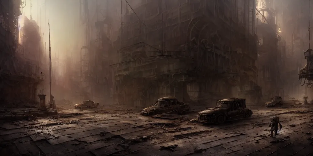 Image similar to an abandoned dystopian city, by federico pelat and craig mullins, ancient steampunk machinery, by michael weisheim beresin and james paick and stephan martiniere, concept art, hyperrealism, 8 k resolution, octane render, cinematic, ominous, intricate details, volumetric lighting, misty