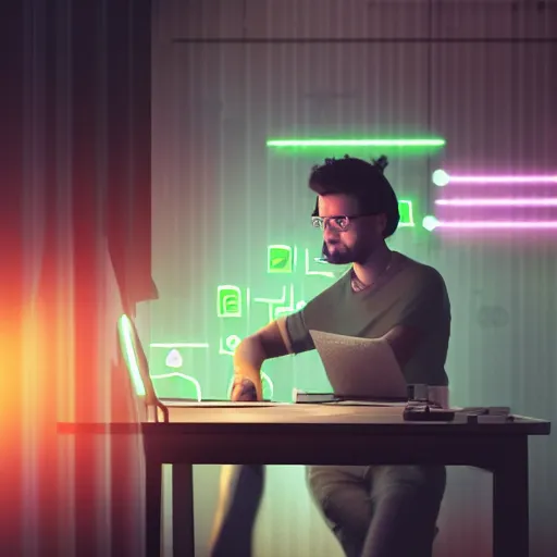 Image similar to Award-winning photograph of an software developer coding in a dimly light office with neon lights, coffee cups covering the floor, cinematic, 8k, ultra realistic