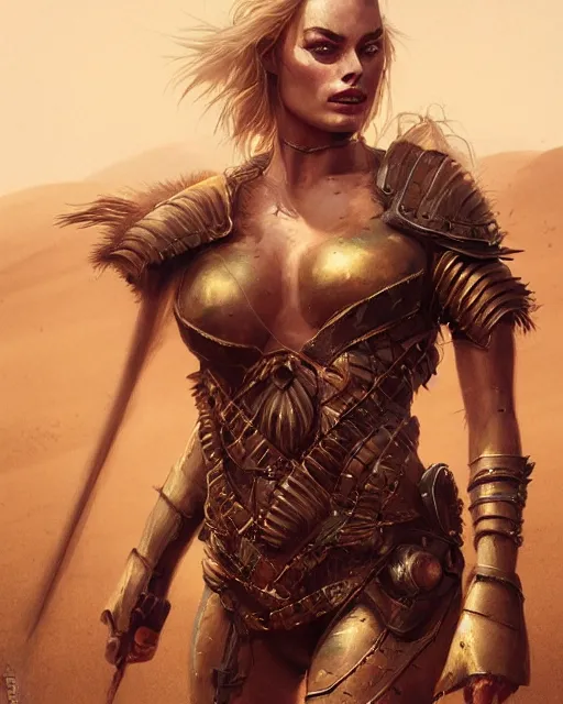 Prompt: margot robbie posing in a a desert with amazonian armor, beautiful eyes, realistic face, full body, fantasy art, in the style of greg rutkowski, illustration, epic, fantasy, intricate, hyper detailed, artstation, concept art, smooth, sharp focus, ray tracing, vibrant