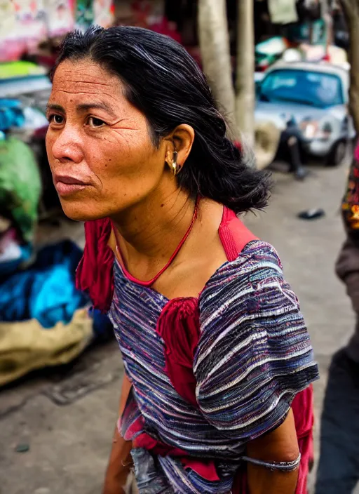 Image similar to Mid-shot portrait of a stylish 35-year-old woman from Guatemala, candid street portrait in the style of Martin Schoeller, strong red and greens, award winning, Sony a7R