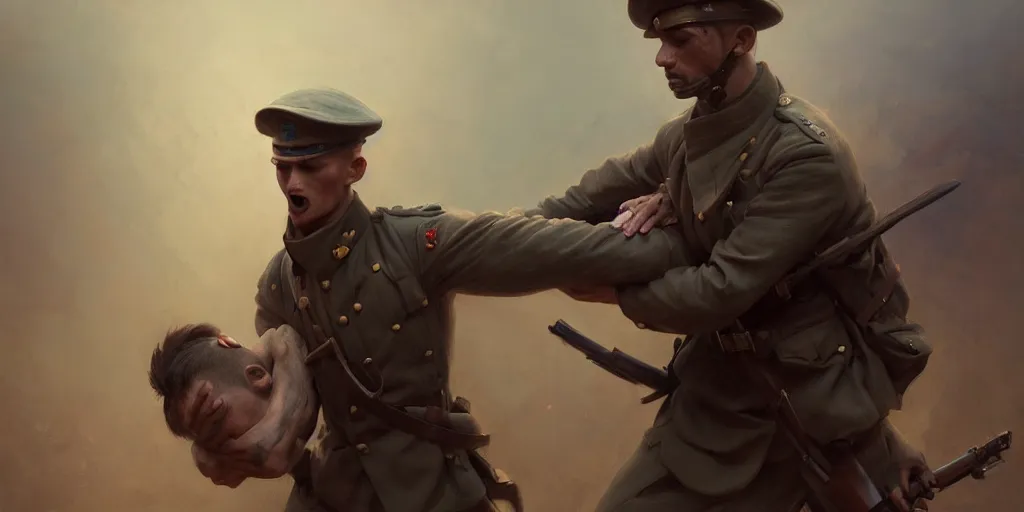 Image similar to male soldier from world war 1 holding his friends death body and crying on over it, extremely detailed digital painting, in the style of fenghua zhong and ruan jia and jeremy lipking and peter mohrbacher, mystical colors, rim light, beautiful lighting, 8 k, stunning scene, raytracing, octane, trending on artstation
