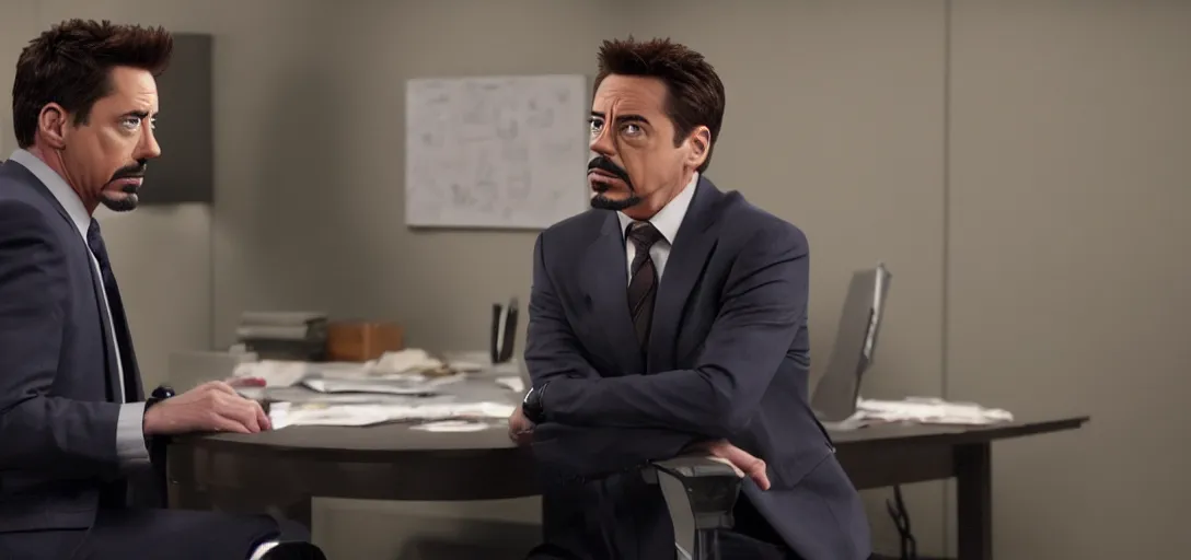 Image similar to a very high resolution image of tony stark. from an episode of the office with micheal scott. photorealistic, photography