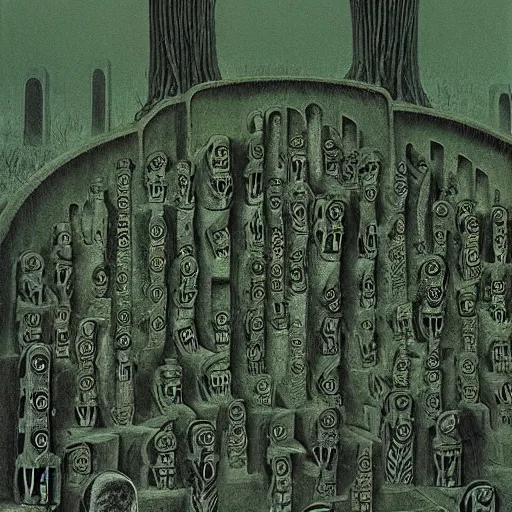 Image similar to ossuary cemetary segmented shelves overgrown, graveyard, vertical shelves, zdzisław beksinski, hr giger, mystical occult symbol in real life, high detail, green fog