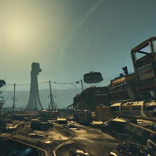 Image similar to the international space station in ruins post - nuclear war in fallout 4, in game screenshot