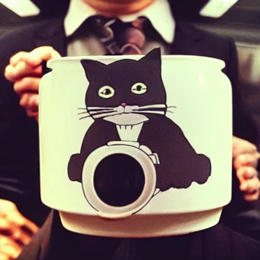 Image similar to “ unhappy cat wearing a suit holding coffee riding the subway, studio ghibli, spirited away, anime, by hayao miyazaki ”