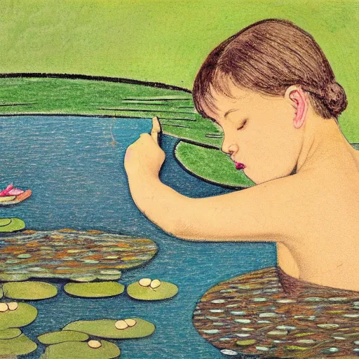 Image similar to Mixed media art. a young girl is sitting on the edge of a pond, with her feet in the water. She is looking at a frog that is sitting on a lily pad in the pond. colored pencil art by Horace Pippin jaunty