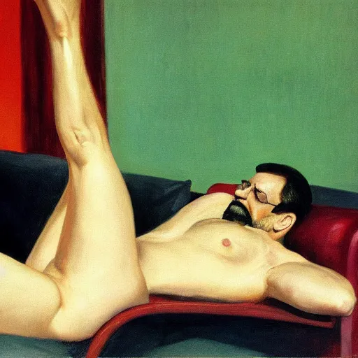 Image similar to an Sigmund freud lying on the couch in a therapy room by Edward Hopper