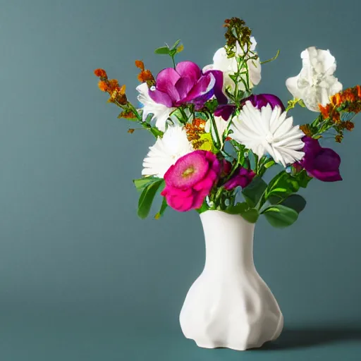 Image similar to a white ceramic vase, with colored flowers, complementary colors, studio photo, photorealism, symmetry.