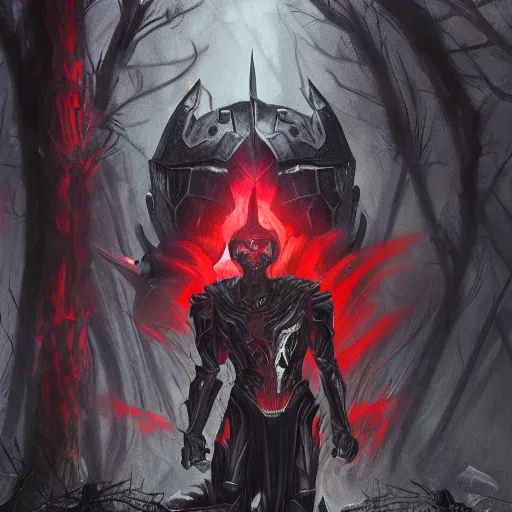 Prompt: extremely detailed artwork of an armored dark figure in a dark evil forest, glowing crimson head, crimson fire head, Sauron, Ultron, speedster, fantasy art, fog, heavy armor, knights armor, cinematic pose, 8k, villain