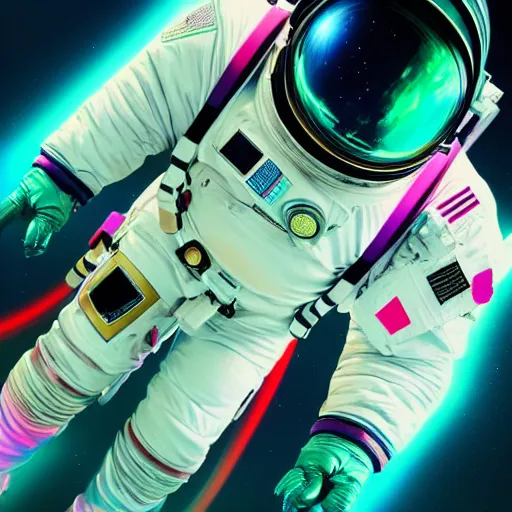 Image similar to rainbow vapor wave astronaut full body wide shot gradient map cyan magenta yellow, movie still, cinematic, photorealistic, extreme detail, sharp focus, 8 k, intricate, hyper detailed, realistic, cinematic lighting