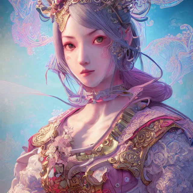 Prompt: studio portrait of neutral good hyper colorful female cleric bard healer as absurdly beautiful, elegant, young skinny gravure idol, an ultrafine hyperdetailed illustration by kim jung gi, irakli nadar, intricate linework, sharp focus, bright colors, octopath traveler, final fantasy, unreal engine 5 highly rendered, global illumination, radiant light, detailed and intricate environment