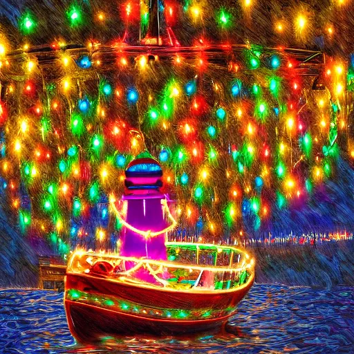 Prompt: a boat - themed chandelier with hundreds of colorful lights hanging from it, a figure lurks in the undergrowth looking at the lights from a distance, digital art