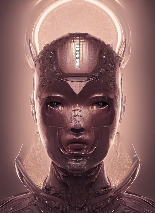 Image similar to beautiful portrait of an alien cyborg, style of Feng Zhu, Artstation geometric, aesthetic, big eyes, smooth skin, angelic, dreamlike, unique features, symmetrical, intricate crown, high fashion, streetwear, cyberpunk, detailed, octane render, cinematic, 8k, brown skin, retro sci fi film, Stanisław Szukalski + Moebius,