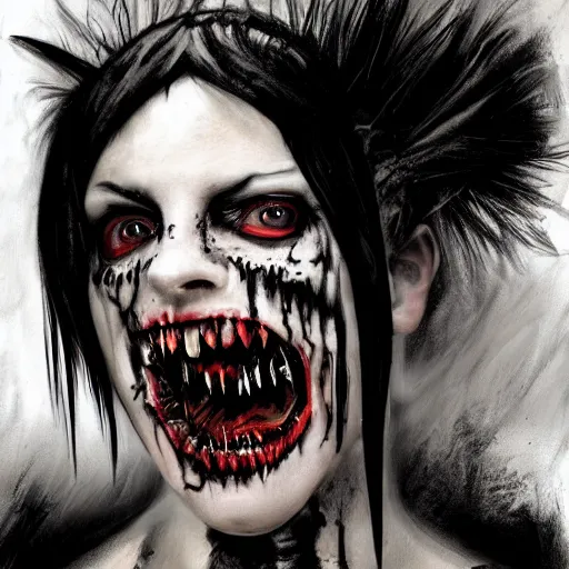 Prompt: portrait painting of a hideous goth girl with a mohawk smiling, zombie, undead, vampire, ghost, sharp focus, ultra realistic, concept art, intricate details, eerie, highly detailed, photorealistic, dark, black and white, rpg art vampire the masquerade. art by tim bradstreet