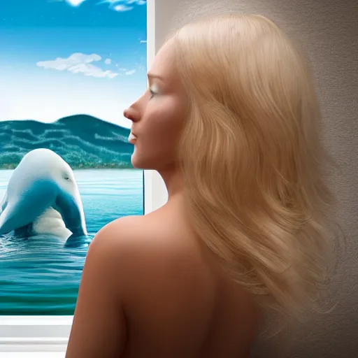 Prompt: a hyper realistic image of a very beautiful blond girl standing near a window, she is facing the camera, a Beluga is swimming in the sky