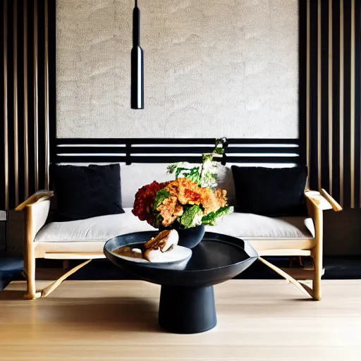 Image similar to lounge and dining room, stone, interior design, stylish luxury hotel living room design, yakisugi, black vertical slatted timber, textures, feminine, black walls, art, Japanese pottery vase with flowers, kakejiku, seasonal, Japanese influences