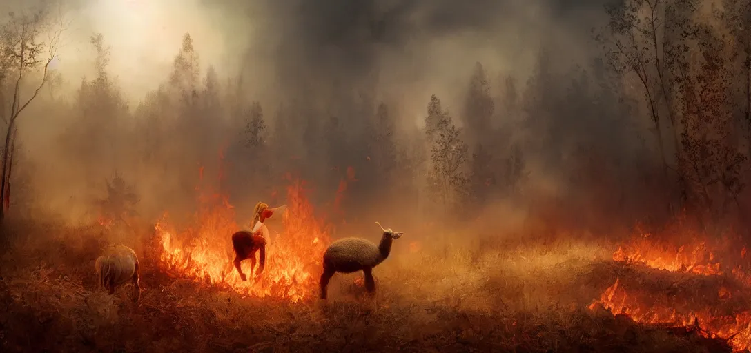 Prompt: full portrait of a young woman and a lamb running from a forest fire, inferno, smoke, flames, dark, gloomy, horror, screaming, a small farm is burning in the distance, insanely detailed, photorealistic, cinematic, dramatic lighting,