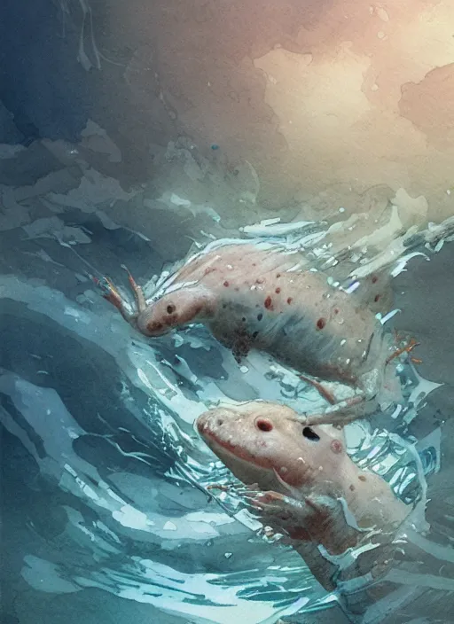 Image similar to portrait, axolotl painting a picture of the ocean, watercolor, dramatic lighting, cinematic, establishing shot, extremely high detail, foto realistic, cinematic lighting, pen and ink, intricate line drawings, by Yoshitaka Amano, Ruan Jia, Kentaro Miura, Artgerm, post processed, concept art, artstation, matte painting, style by eddie mendoza, raphael lacoste, alex ross