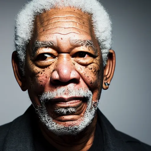 Prompt: a studio photograph of Morgan Freeman dressed as Travis Scott, 40mm lens, shallow depth of field, split lighting