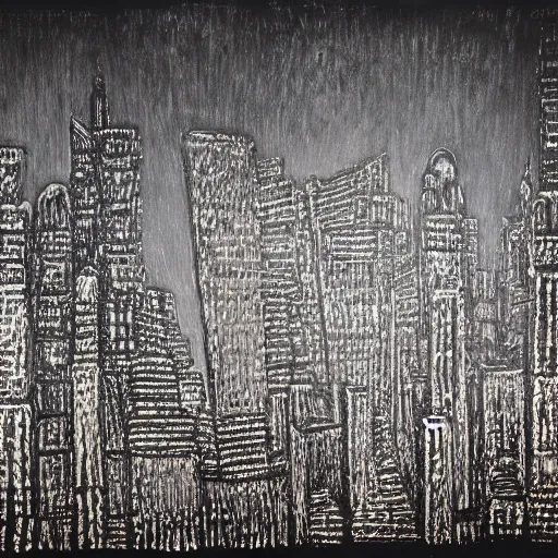 Image similar to Sculpture. A beautiful, but eerie, illustration of a cityscape at night. The buildings are all tall and thin, and they are lit up by a strange light. The sky is deep and dark and there are no stars to be seen. by James Ensor, by Jerry Siegel Sigma 85mm f/1.4