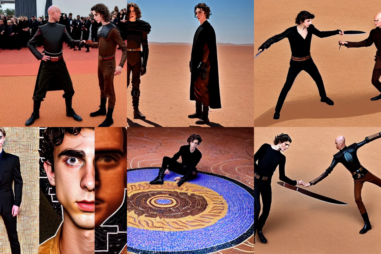 Prompt: knife-fight duel between bald_hairless_Austin_Butler-dressed-in-black and Timothee_Chalamet_dressed-in-brown-felt, on a mosaic floor, inspired by Dune 2020, detailed faces