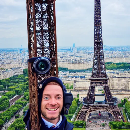 Prompt: wolfgang mozart taking a selfie in front on the eiffel tower, photo, high quality, intricate detail