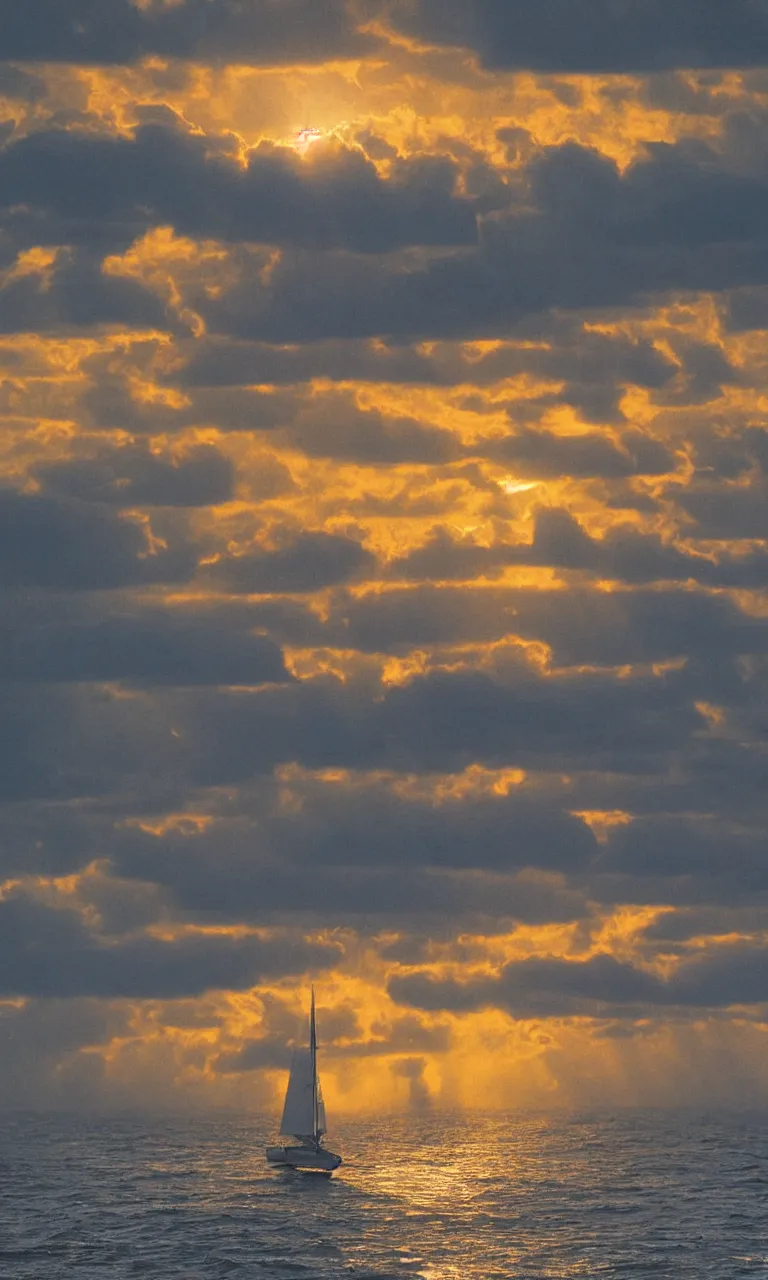 Prompt: sun setting over stormy sea, photo realistic, hyperreal, bough of sailboat in foreground